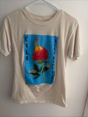 CVLA Cream Tee with Blue Graphic and Red Floral Motif